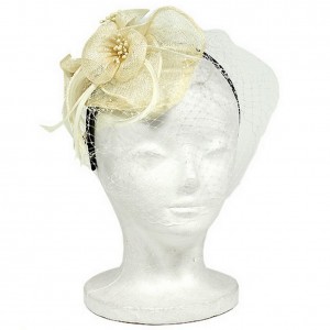 Fascinator Headbands - 12 PCS Sinamay w/ Feather - Ivory - HB-F09085IV